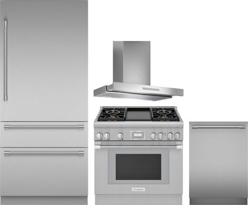 Thermador 4 Piece Kitchen Appliances Package with Bottom Freezer Refrigerator, Gas Range and Dishwasher in Stainless Steel THRERADWRH