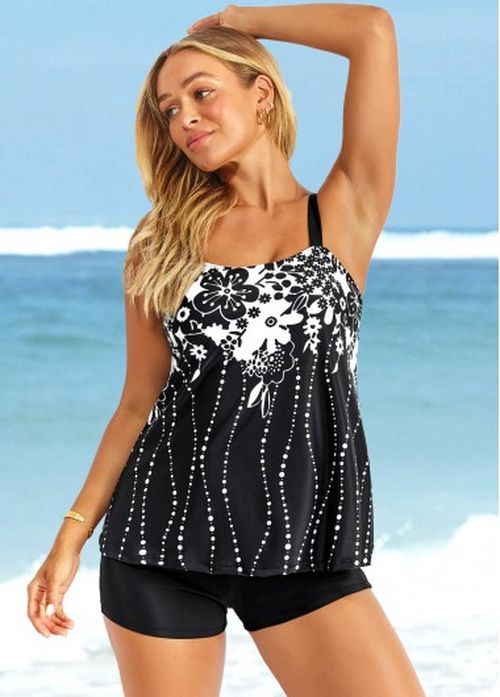 Modlily Floral Print Wide Strap Black Tankini Set