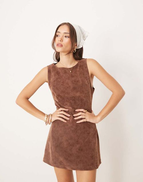 Atlas faux suede mini shift dress in coffee-Brown