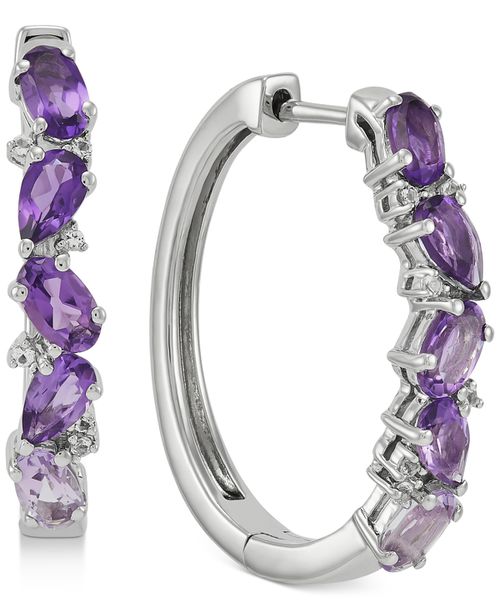 "Amethyst (2 ct. t.w.) & White Topaz (1/10 ct. t.w.) Small Hoop Earrings in Sterling Silver, 1"" - Purple"