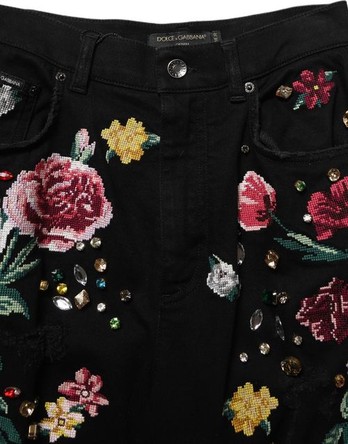 Embroidered Floral Trousers — Black