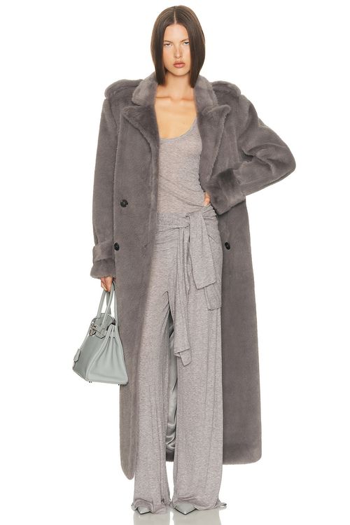 Helsa Faux Fur Long Trench in Smoke - Grey. S also in