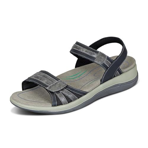 Orthofeet Women's Orthopedic Paloma Adjustable Leather Sandal, Black Metallic