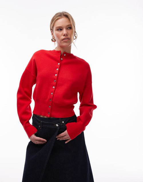Topshop knit compact fitted waist cardigan in gray-Red