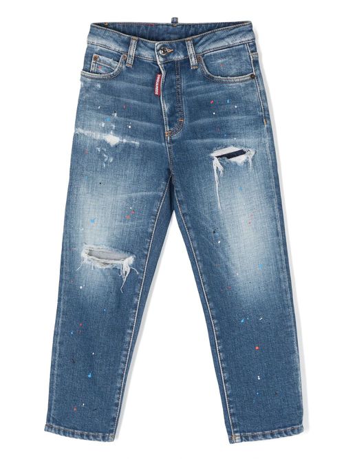 Paint-splattered ripped-detail jeans - Blue