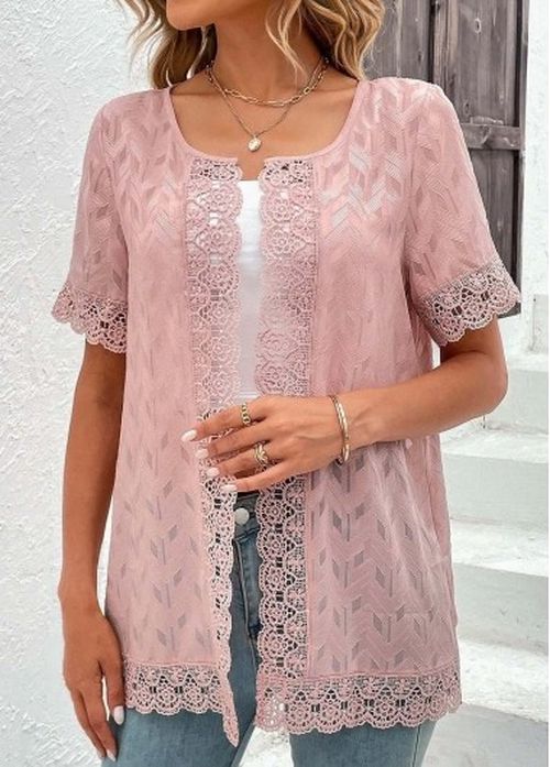 Modlily Pink Lace Short Sleeve Round Neck Topper