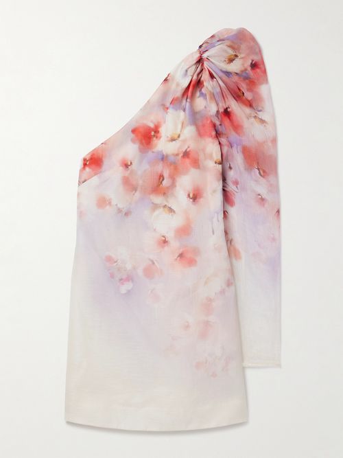 Crush One-sleeve Floral-print Linen And Silk-blend Mini Dress - Pink