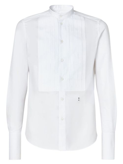 Slim Fit Cotton Shirt with Contrast Topstitching, Embroidered Detail & Mandarin Collar