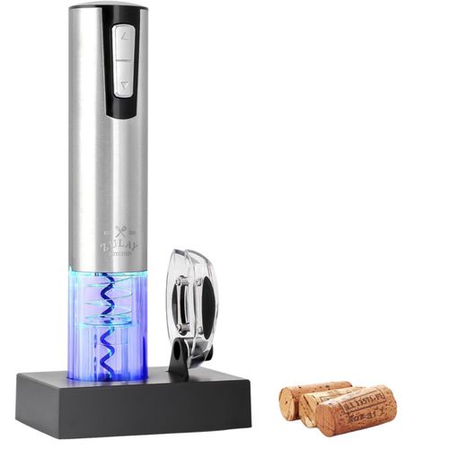 Electric Wine Opener With Charging Base and Foil Cutter - Stainless Steel Automatic Wine Bottle Opener - Silver