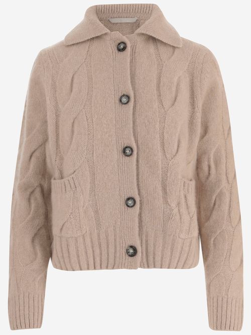 Cable-Knit Cashmere & Silk Cardigan — Beige
