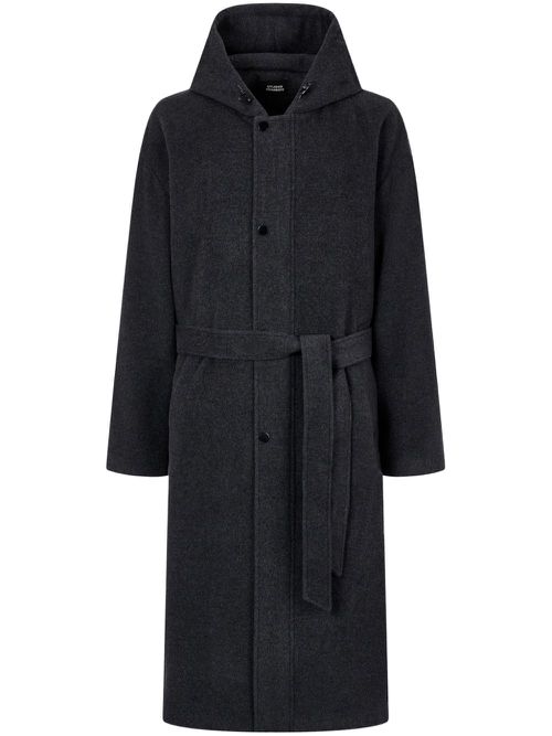 Hooded long-belt coat - Grey