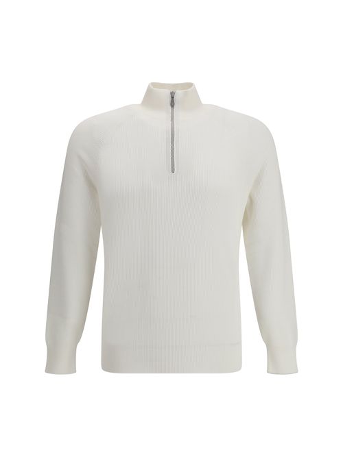 Ribbed Cotton with Half-Zip Sweater — White