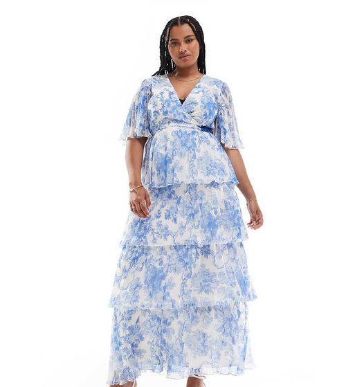 ASOS DESIGN Curve exclusive kimono sleeve maxi dress with tiered skirt in pleats in blue floral print-Multi