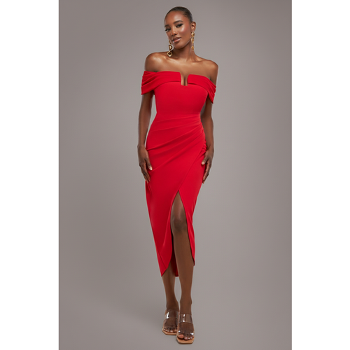 Goddiva Off The Shoulder Chiffon Wing Scuba Crepe Midi Dress - Red
