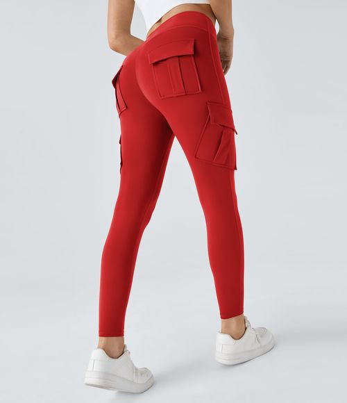 High Waisted Cargo Pocket Skinny Yoga Leggings  - Valiant Poppy