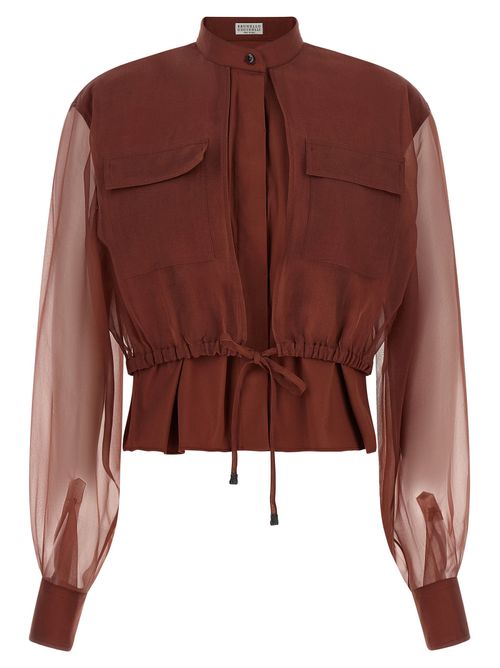 Silk-Sleeve Contrast Blouse — Brown