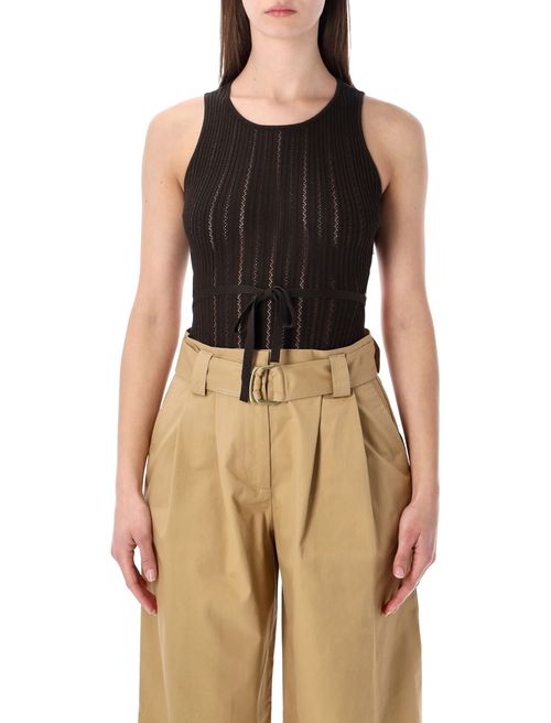 Sleeveless Ribbed Knit Bodysuit with Waist Tie