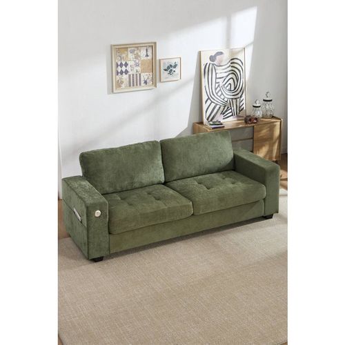 Living And Home 2-Seater Chenille Upholstered Sofa With Charging Ports In Green