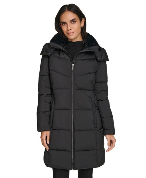 Women's Hooded Faux-Fur-Lined Midi Puffer Coat - Black