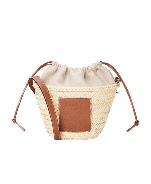 Drawstring bucket bag in palm leaf and calfskin