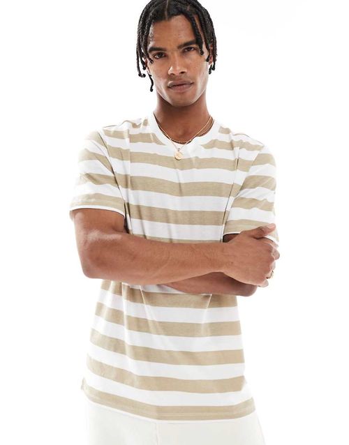 Regular fit T-shirt in cream/white stripe