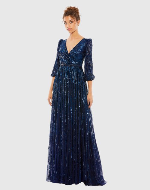 Sequined Wrap Over 3/4 Sleeve Maxi Gown In Black