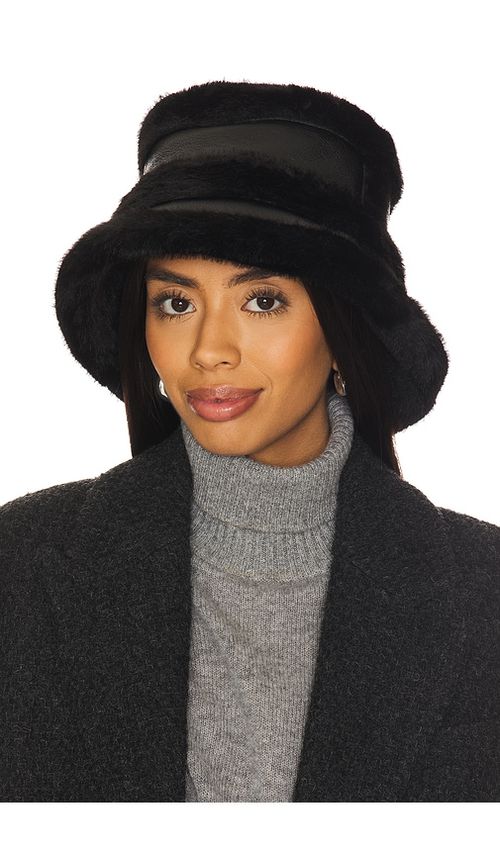 Jocelyn Faux Mink & Leather Bucket Hat in Black