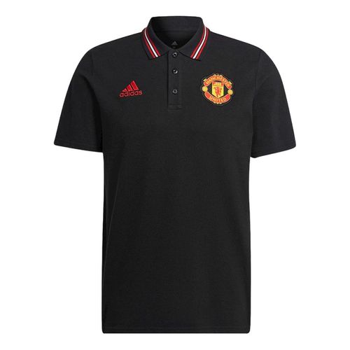 Men's Manchester United Logo Embroidered Stripe Collar Short Sleeve Black Polo Shirt