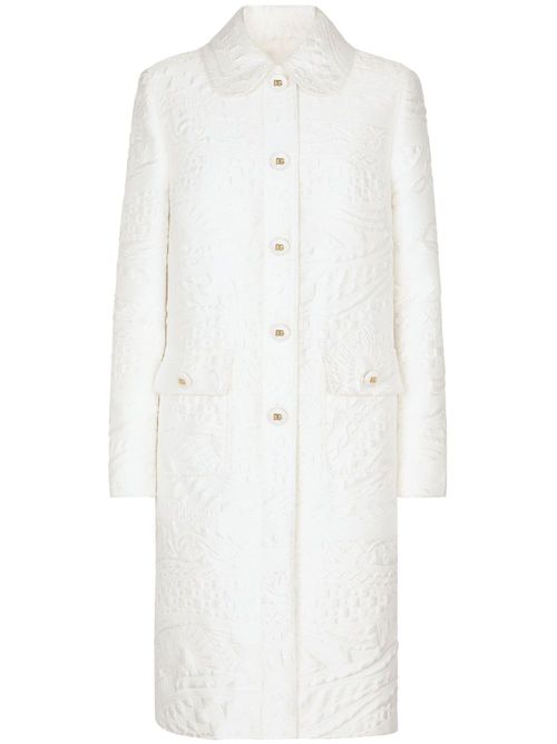 Floral-jacquard belted coat - White