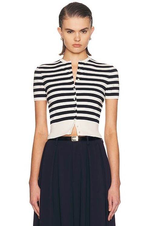 Ralph Lauren Collection Short Sleeve Cardigan in Lux Cream & Icon Navy - Cream. L also in