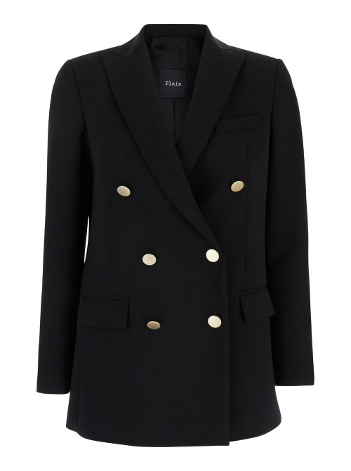 Double-Breasted Gold-Button Blazer — Black