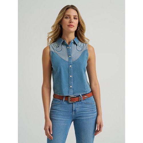 Women's Horseshoe Sleeveless Denim Snap Shirt in Blue