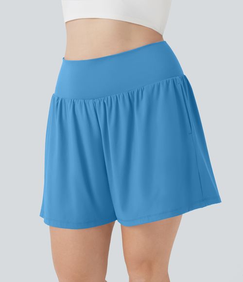 "SoftlyZero™ Airy Super High Waisted 2-in-1 Cool Touch Yoga Plus Size Shorts 7"" with Pockets Gym Short - Bonnie Blue