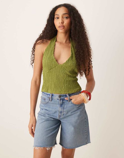 Texture halter neck top in green