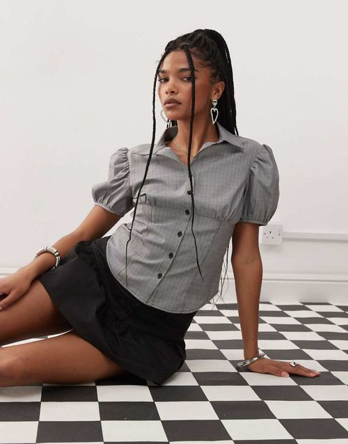 Lioness Mon Cheri puff sleeve button up blouse in gray check-Neutral