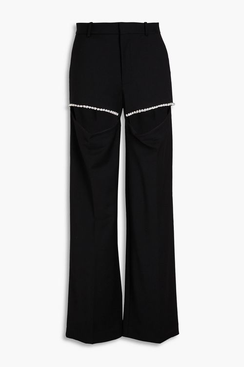 Cutout crystal-embellished wool-blend wide-leg pants - Black - US 4