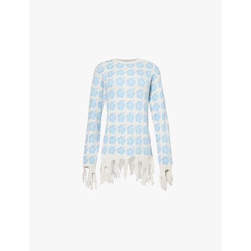 Womens Blue Floral-pattern Frayed-hem Cotton-blend Jumper M