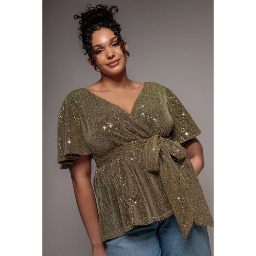 Goddiva Plus Lurex Flutter Sleeve Wrap Top - Gold