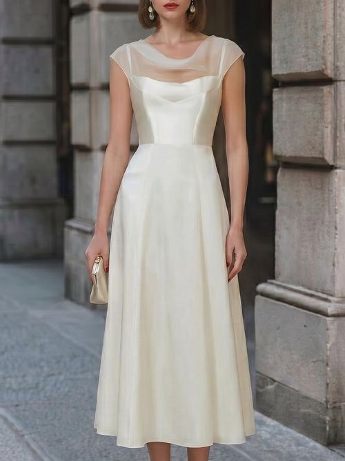 Sheer Bateau Neckline A-Line Midi Dress - White