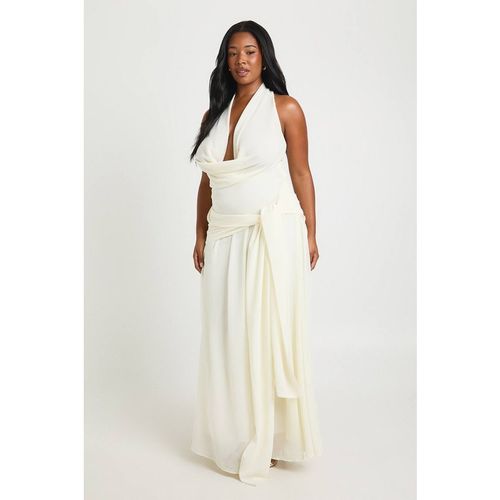 Boohoo Women's Plus Chiffon Extreme Cowl Neck Tie Waist Maxi Dress in Ecru