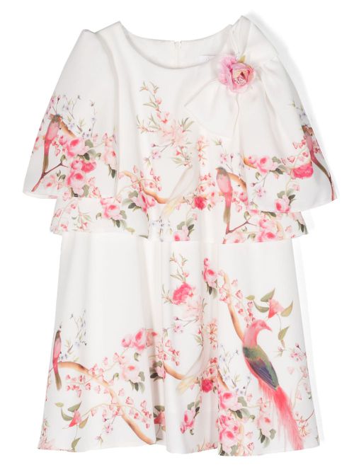 Floral-appliqué bird-print dress - White