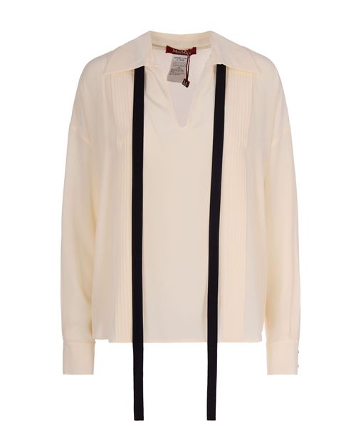 Beige Relaxed Tie Neck Pleated Shirt