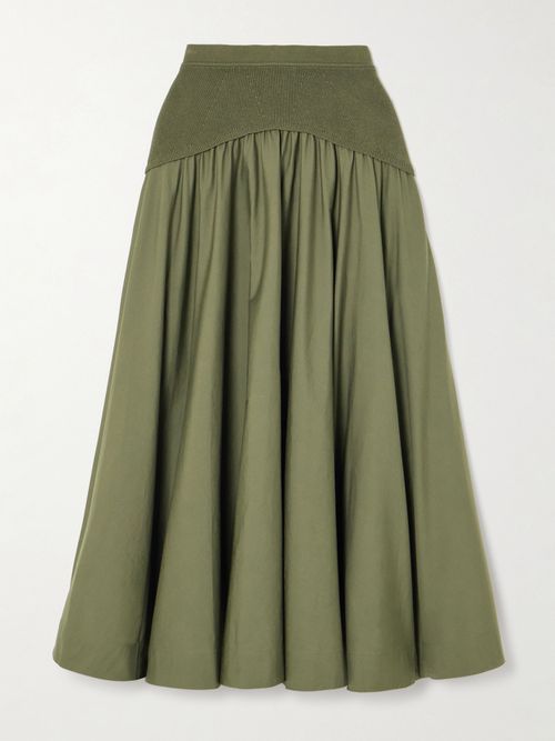 Ovie Pleated Ribbed-knit Trimmed Cotton-poplin Midi Skirt