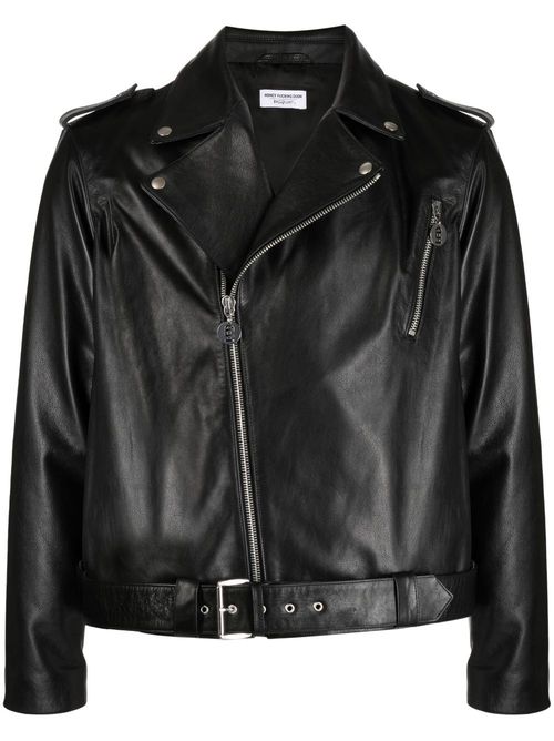 Slogan-print leather biker jacket - Black