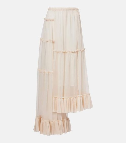 Ruffled asymmetric silk maxi skirt