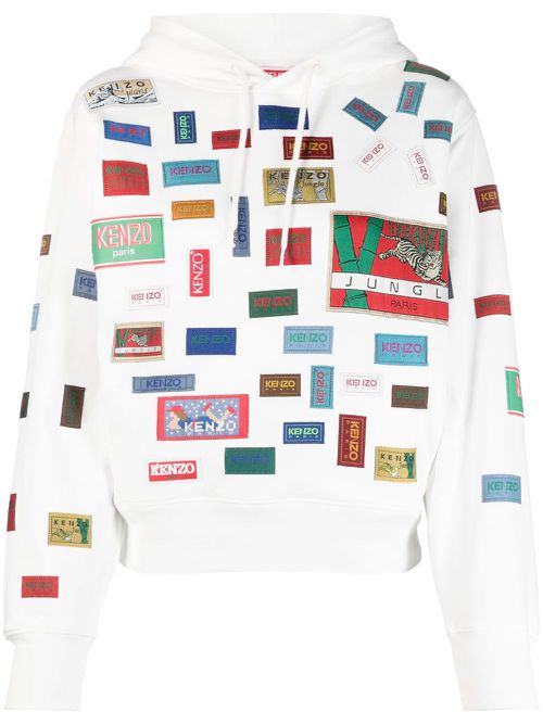 Labels printed cotton hoodie - White
