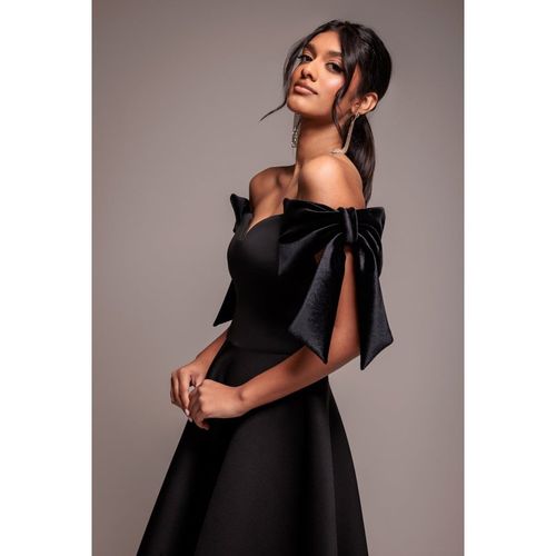 Goddiva Scuba Off The Shoulder Velvet Bow Skater Midi Dress - Black