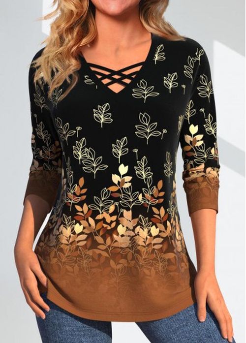 Modlily Dark Camel Criss Cross Leaf Print T Shirt