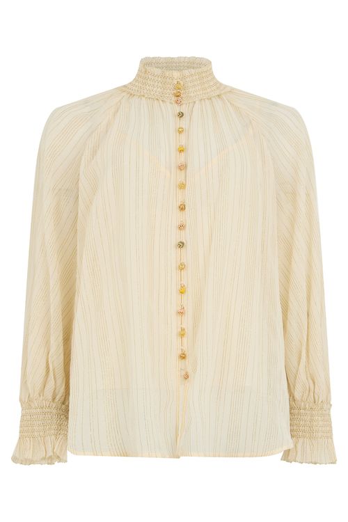-Style Cotton-Silk Button-Front Blouse with High Collar