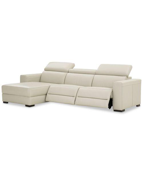 "Nevio 115"" 3-pc Leather Sectional Sofa with Chaise, 2 Power Recliners and Articulating Headrests, Created for Argento Stone Ivory"